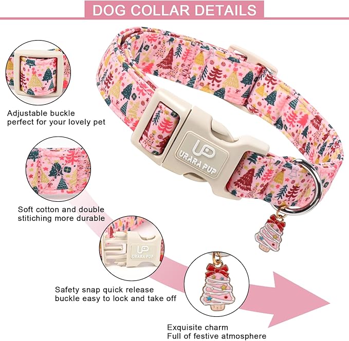 Christmas Dog Collar, Pink Christmas Tree for Dogs, Adjustable Pet Collar with Cute Xmas Tree Pendant, Festive Winter Dog Accessories for Small Medium Large Dogs XL