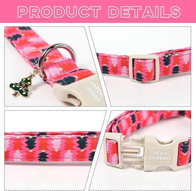 Unique Style Paws Christmas Dog Collar Plastic Buckle with Pendant Pink Green Christmas Tree Cotton Puppy Collars for Small Medium Large Dogs