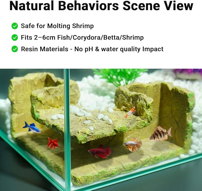 Underground Resin Rock Dual Hole Hideout - View Fish in Natural Corner Tunnel | 5.3×5.3×2.8" | Ideal for Shrimp, Betta, Plecos