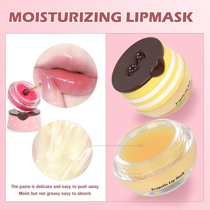 4 PCS Bee Lip Balm Lip Mask Honey Pot, Prevention Lip Dry Set, Strawberry & Watermelon & Apple Lime & Honey Lip Sleeping Mask Propolis Moisturizing Lip Balm, Mothers Day Gifts, Party Favors for Women