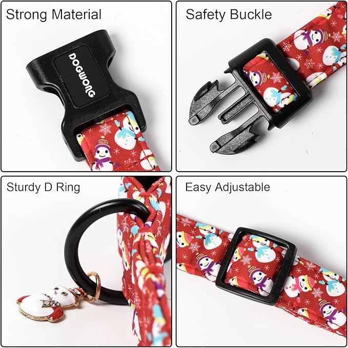 DOGWONG Red Christmas Dog Collar, Cute Snowman Dog Collar Durable Soft Fabric Pet Dog Collars Boy Puppy Necklace for Small Medium Large Dogs,Large