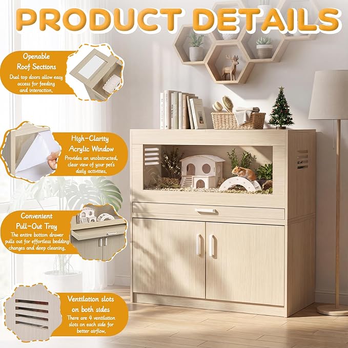 Hamster Cage with Storage Cabinet Detachable, Large Wooden Small Animal Habitat with Easy-Clean Drawer & Acrylic Panels for Guinea Pig, Rabbit, Hedgehog, Gerbil, Chinchilla, Teak