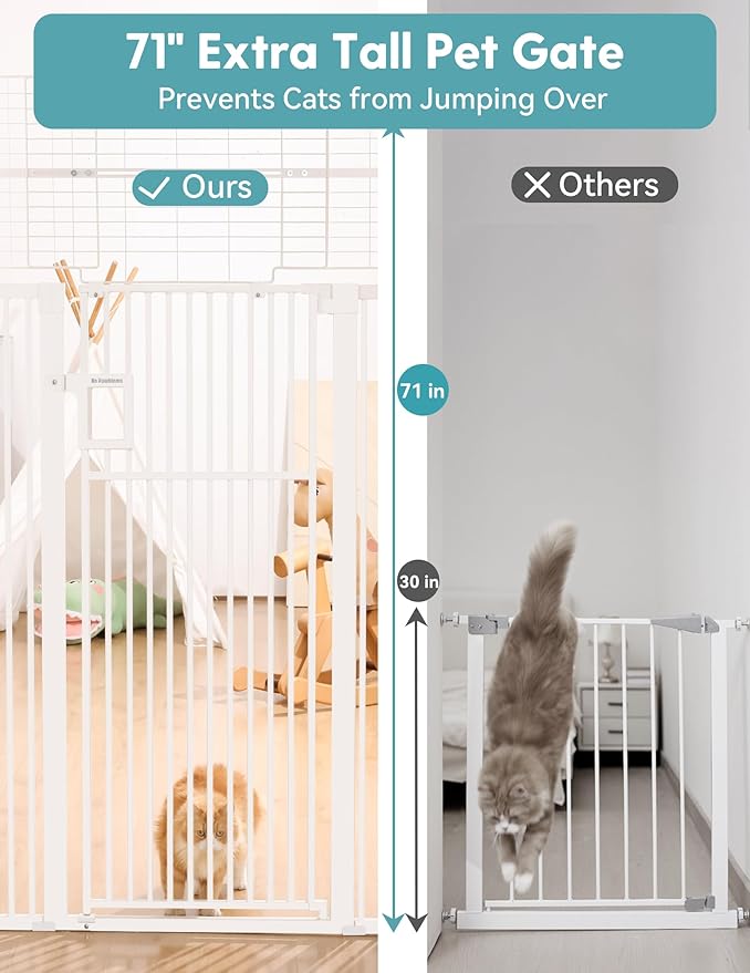 No Pawblems Upgraded 71" Extra Tall Pet Gate for Cat, 29-43" Auto Close Cat Gate for Doorways/Stairs/Hallways, NO Drilling Pressure Mounted Tall Dog Gate Indoor, 1.37" Pet-Safe Gap, White