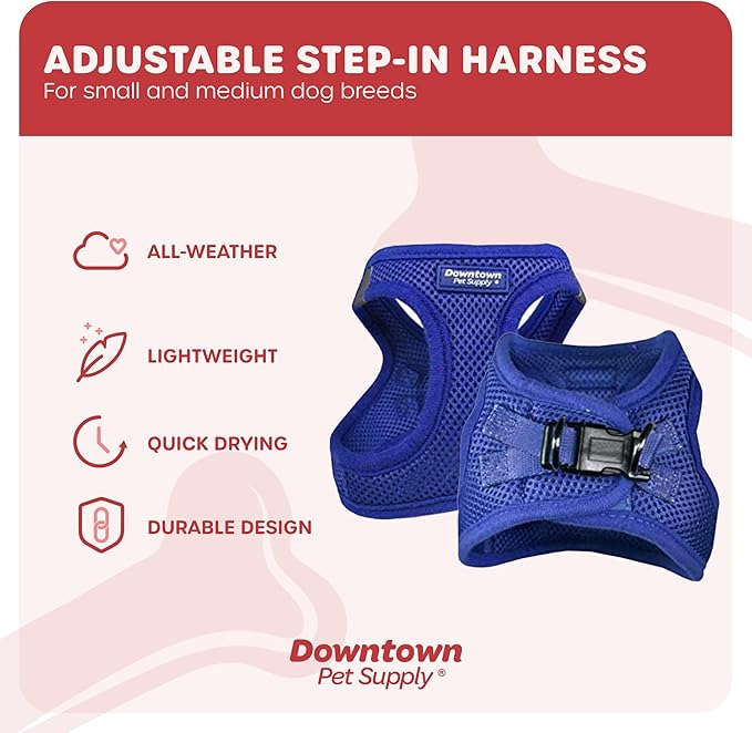 Downtown Pet Supply Step in Dog Harness for Small Dogs No Pull, Large, Blue - Adjustable Harness with Padded Mesh Fabric and Reflective Trim - Buckle Strap Harness for Dogs
