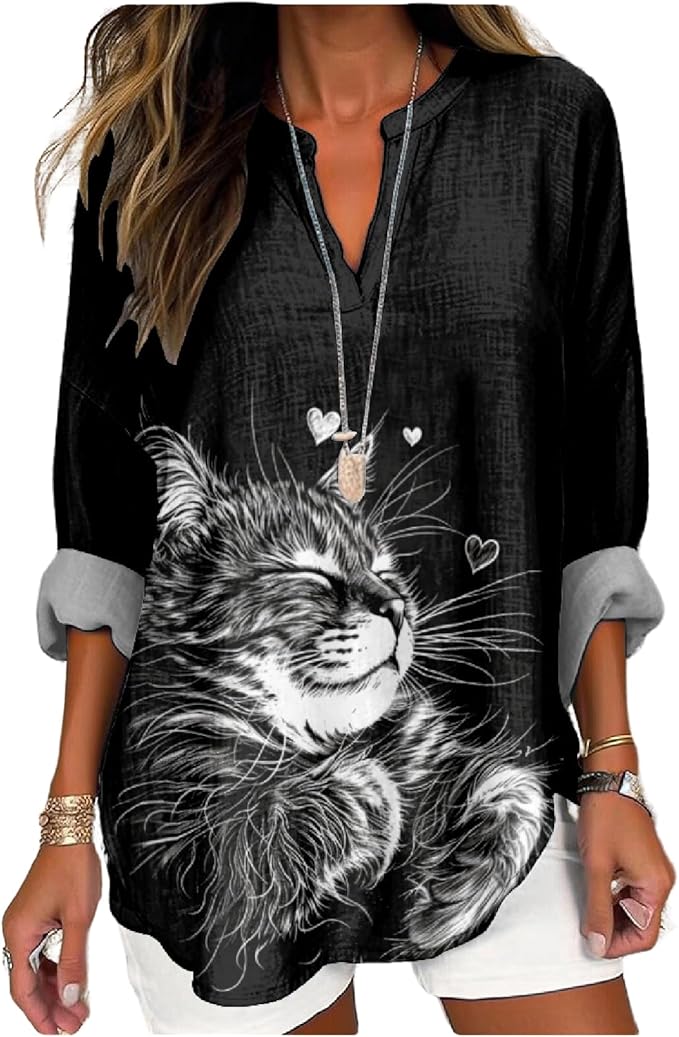 MARSVOVO Cat Shirts for Women Long Sleeve Cute Cat Pullover Graphic Novelty V Neck Blouse Oversized Funny Tunic Tops