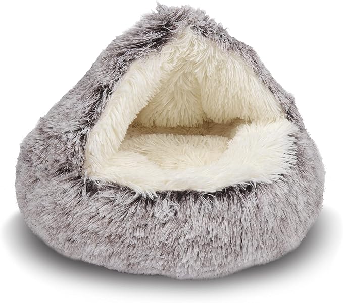 ShinHye Cat Bed Round Plush Fluffy Hooded Cat Bed Cave, Cozy for Indoor Cats or Small Dog beds, Soothing Pet Beds Doughnut Calm Anti-nxiety Dog Bed - Waterproof Bottom Washable (26×26inch, Coffee)