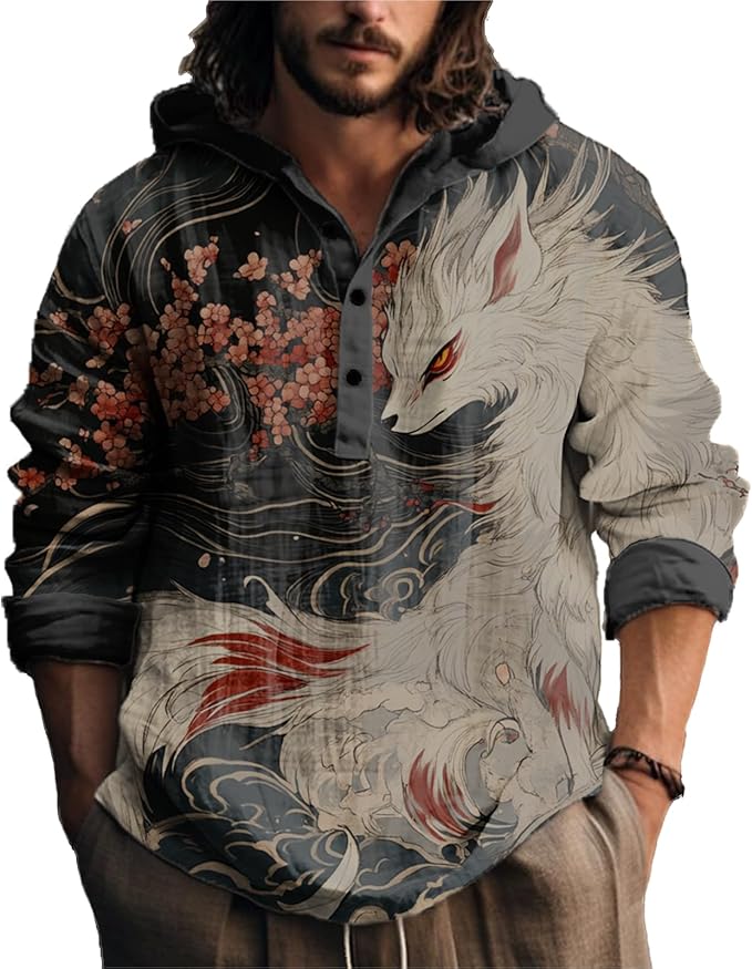 MARSVOVO Japanese Art Animal Hooded Shirt for Men Long Sleeve Quarter Button Lightweight Hoodie Cool Streetwear Tops