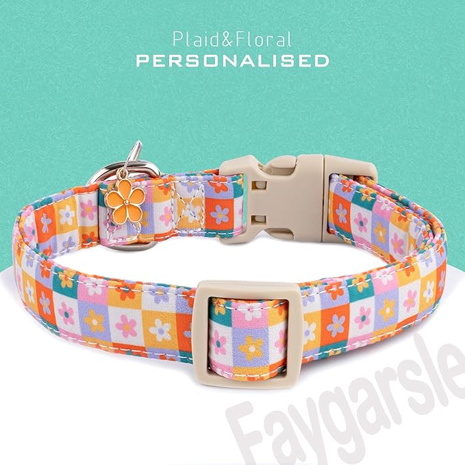 Faygarsle Floral Plaid Pattern Dog Collar, Spring Summer Design for Small Medium Large Dogs Multi-Color M