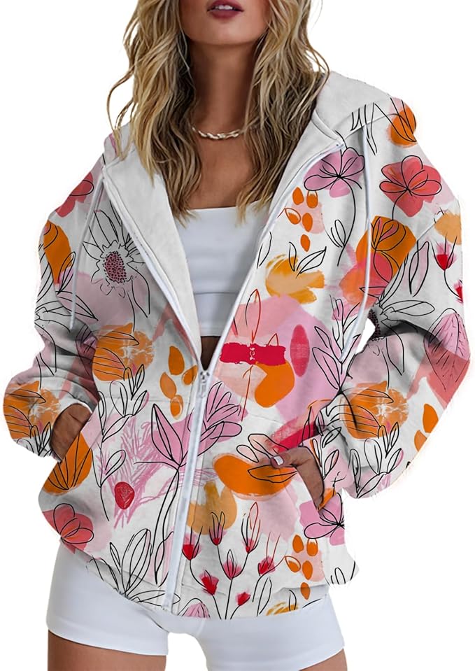 Hoodies for Women Zip Up Long Sleeve Hoodied Sweatshirt with Pockets Retro Graphic Women's Sweatshirt Trendy