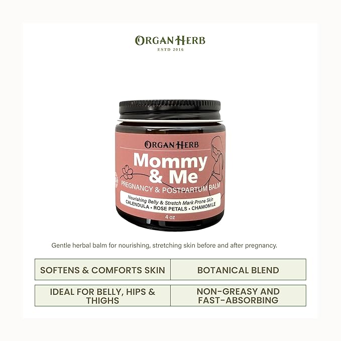 Organic Mommy & Me Pregnancy & Postpartum Balm with Calendula, Rose, Roman Chamomile, Rosehip, Lavender, 4 oz