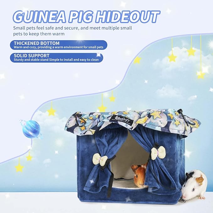 Guinea Pig Bed with Curtain Machine Washable Soft Cozy Chinchilla Bed Hedgehog Beds - Spacious Privacy House Small Animal Hideout for Ferret Hamster Rat Sugar Glider Dwarf Rabbit (Blue, Small)