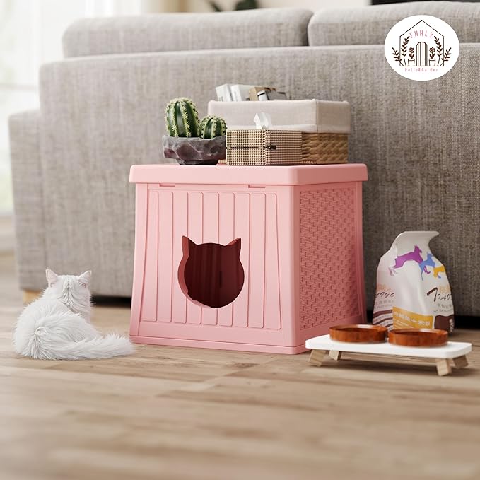 EHHLY Heavy Duty Cat House Waterproof, Hidden Cat Litter Box Enclosure with Flip Lid for Easy Cleaning, Extra Thick Insulated Cat House Outdoor, Winter Feral Cat Shelter Weatherproof, Blush
