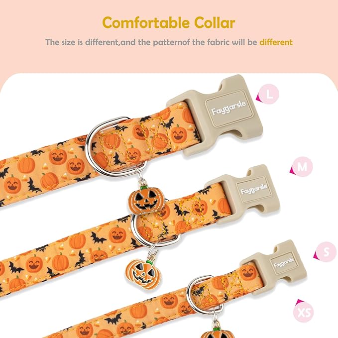 Faygarsle Halloween Dog Collar, Orange Pumpkin and Bat Pattern, Fall Festive Design for Small Medium Large Dogs XS