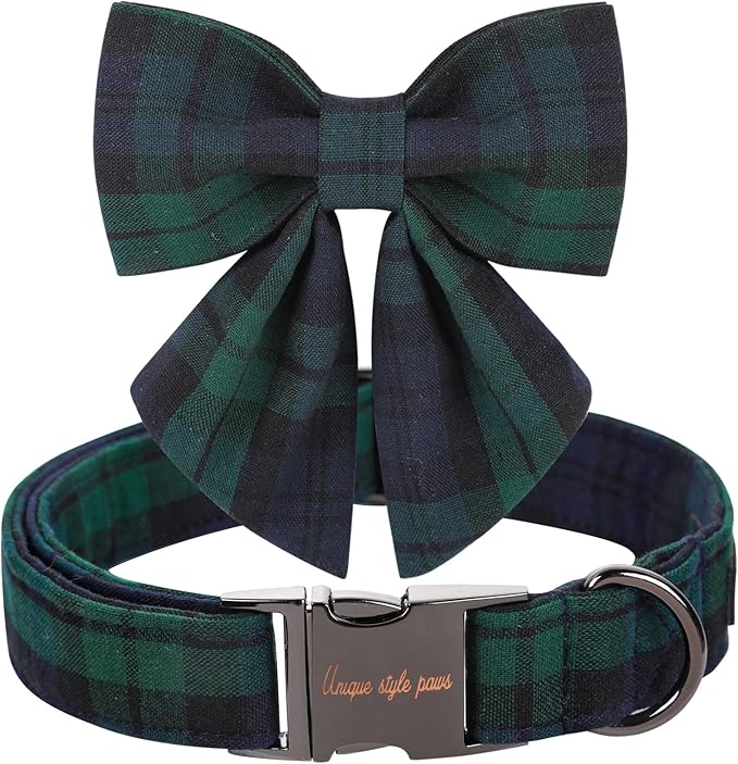 Unique style paws Christmas Dog Collar with Bow Tie Green Plaid Puppy Collar for Small Medium Large Dogs as Autumn Winter Pet Gifts-M