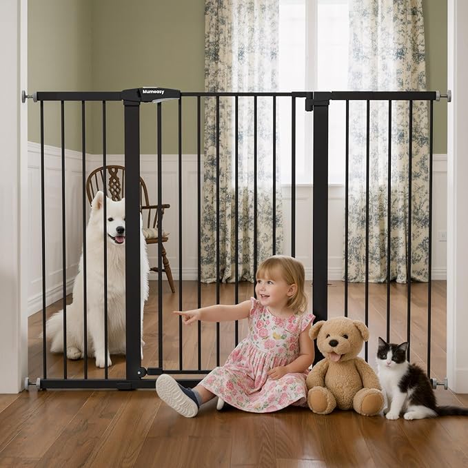Mumeasy 36" Extra Tall Baby Gate for Doorways, 29.7"-57" Extra Wide Dog Gate for Stairs, Pressure Mounted Auto Close Pet Safety Gate with Easy Walk Thru Door, Large Indoor Child Gate for House, Black