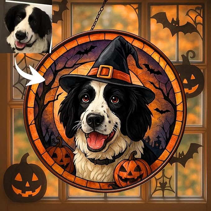 Personalized Witch Dog Stained Glass Suncatcher, Custom Dog Photo Halloween Stained Glass Window Hanging Ornament, Pet with Pumpkin Window Hanging Decor, Unique Fall & Halloween Decoration /19