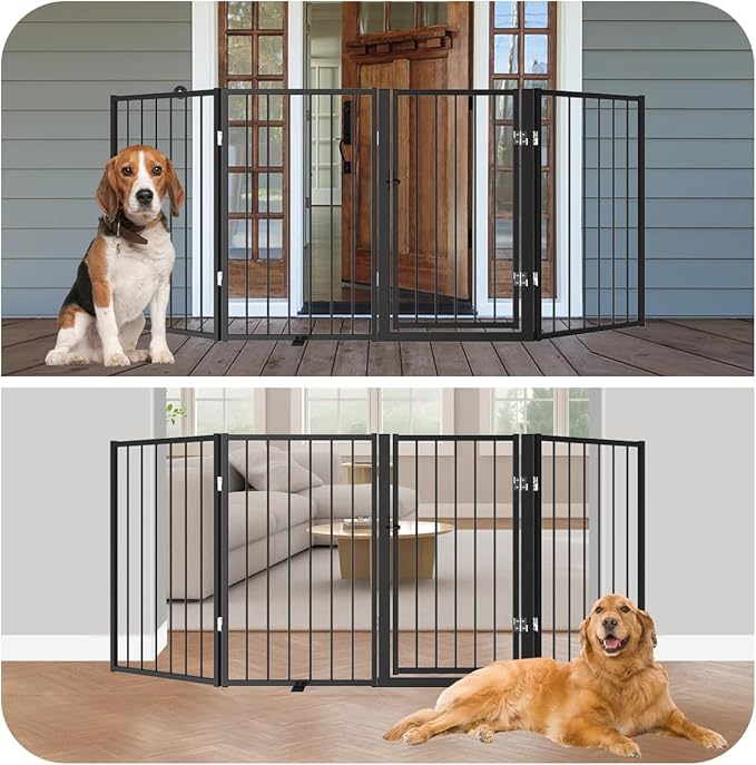 Free Standing Dog Gate with Door,80'' Extra Wide 32'' Tall Metal Dog Gates for Doorways, Foldable Pet Gate Fence Indoor & Outdoor for Stairs,Hallways,Decks,Porch,Yard (4 Panels,Black)