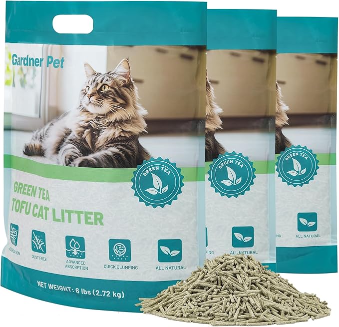 Gardner Pet Natural Tofu Cat Litter, Cat Litter with Green Tea Extract – Dust-Free, Fast Clumping, Flushable, and Odor Control for Multi-Cat Homes, 6lbs x 3 Pack