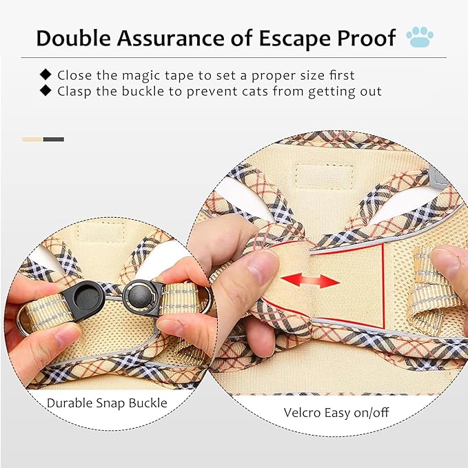 Cat Harness and Leash Set for Walking, Escape Proof Adjustable Soft Mesh Kitten Harness with Reflective Strips, Breathable No-Choke Pet Vest for Medium Cats or Small Dogs(Beige,M)