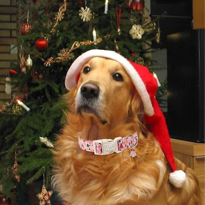 Christmas Dog Collar, Pink Christmas Tree for Dogs, Adjustable Pet Collar with Cute Xmas Tree Pendant, Festive Winter Dog Accessories for Small Medium Large Dogs XL