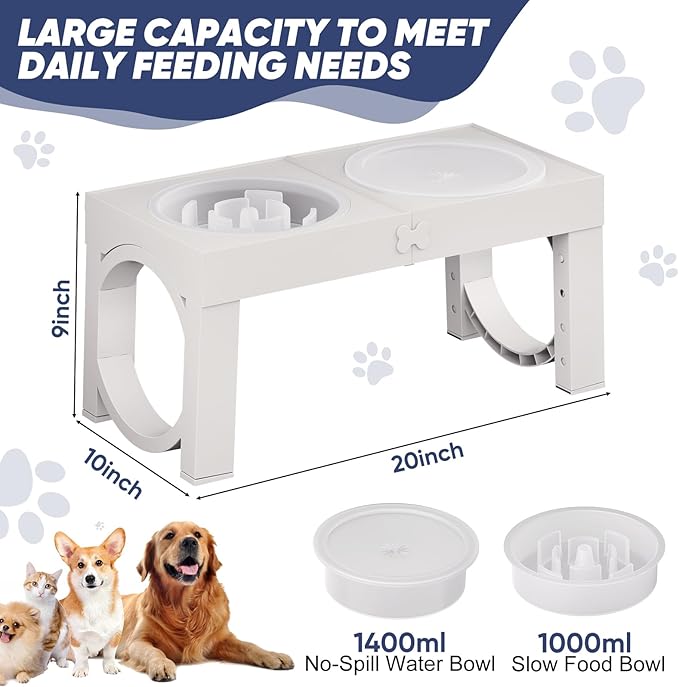 XIAZ Slow Feeder Dog Bowl Elevated Food and Water Bowl Stand for Large Medium Sized Dog, 4 Heights Adjustable, Non-Slip, Durable, Prevents Bloating & Improves Digestion for Dogs