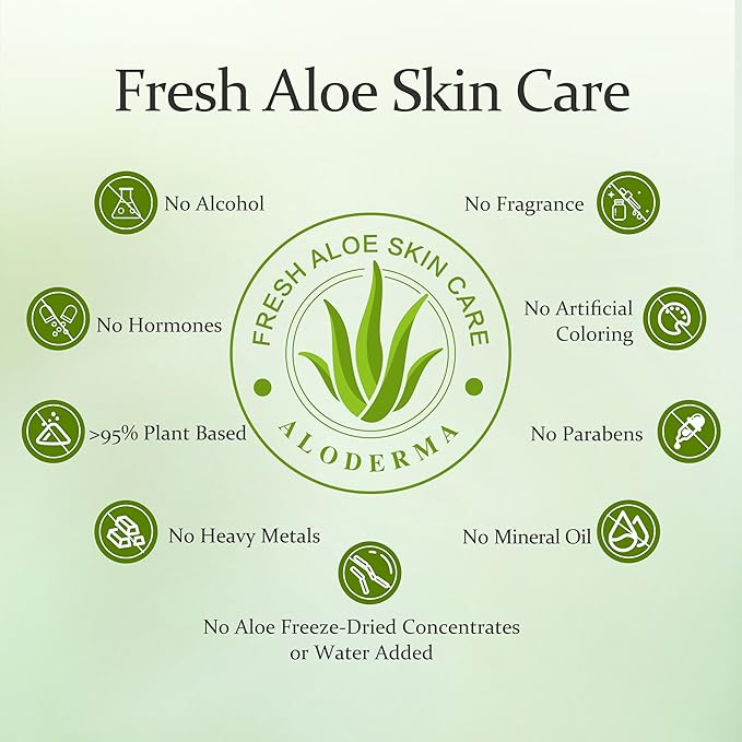 Aloderma 99% Organic Aloe Vera Gel Made within 12 Hours of Harvest - Lightweight, Non-Sticky Aloe Gel for Face Body, Hair, & Scalp, After Sun Relief, Natural, Soothing Hydrating Aloe Gel, 10.6oz