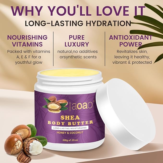 AOAO Shea Body Butter for Stretch Marks Pregnancy, Deeply Nourishing & Safe Moisturizer with Honey, Coconut & Vitamin-Rich Formula for Pregnant Women, Helps Soothe & Moisturize Stretch Marks, 7.05oz