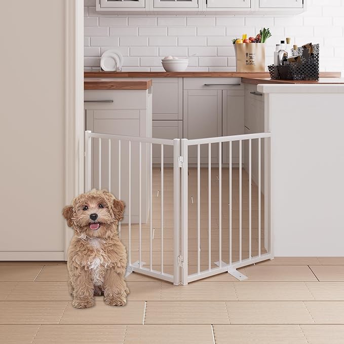 2 Panels Full Metal Freestanding Dog Gates, 40” W x 24” H Folding Pet Gate Fence with Support Feet for Indoor,Stairs, Hallways and Doorways(White)