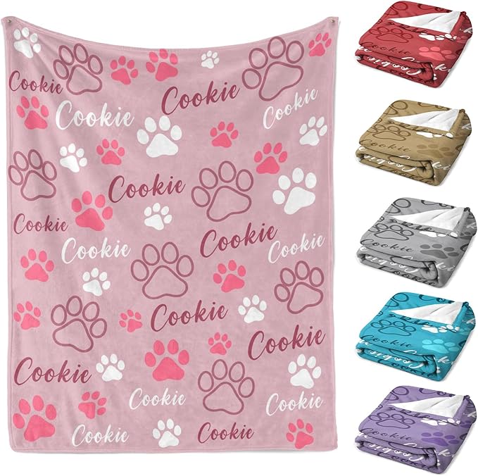 D-Story Custom Pet Blanket with Dog Name Custom Dog Blanket Personalized Dogs Blanket Paw Prints Blankets Pet Memorial Gifts for Loss of Dogs