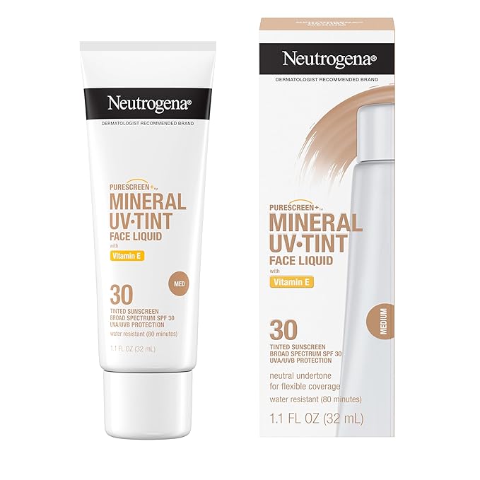 Neutrogena Purescreen+ Tinted Sunscreen for Face with SPF 30,Broad Spectrum Mineral Sunscreen with Zinc Oxide and Vitamin E,Water Resistant,Fragrance Free,Medium,1.1 fl oz,(Pack of 2)