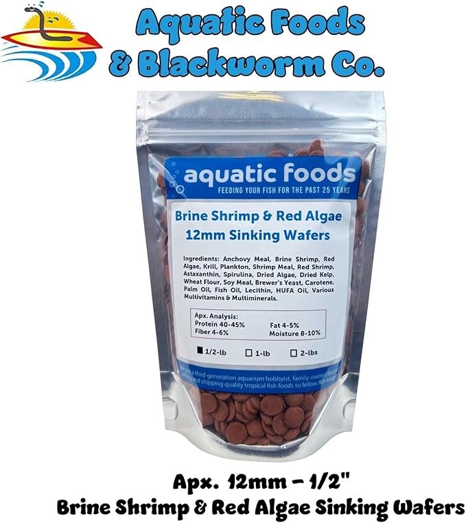 Aquatic Foods Inc. 12mm - 1/2" Brine Shrimp & Red Algae Color Enhancing Sinking Wafers for Shrimp, Snails, Crabs, Plecos, Catfish. Bottom and All Tropical Fish...WL…1/2-lb Foil Pouch Bag