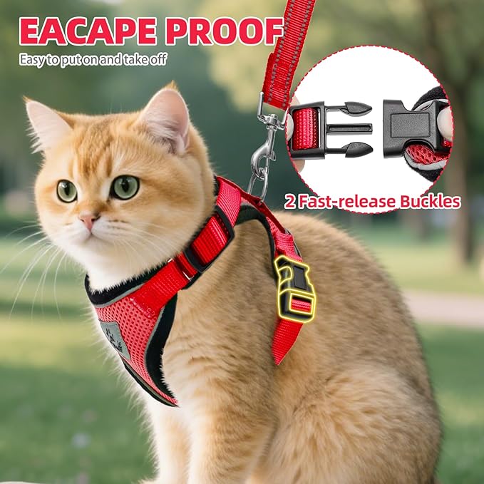 PUPTECK Cat Harness and Leash Set Escape Proof Reflective Cat Walking Harness Adjustable Soft Breathable Mesh Vest for Small Pets, Red, S