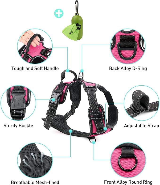 Joytale No Pull Dog Harness Medium Sized Dog, Reflective Pet Vest with Front Clip, Adjustable Soft Padded Harnesses with Easy Control Handle for Training and Walking, Hot Pink, M