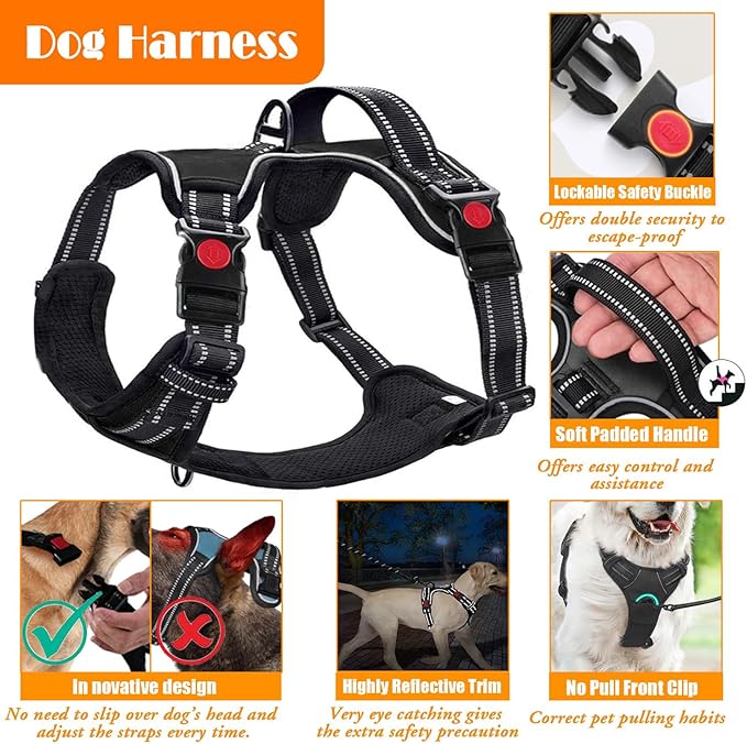 No Pull Dog Harness, Collar & Leash Set | Includes Dog Seat Belt, Collapsible Bowls & Poop Bag Dispenser. Ideal for Training, Walking, Hiking. Fits Small to Large Dogs(Blue-S)