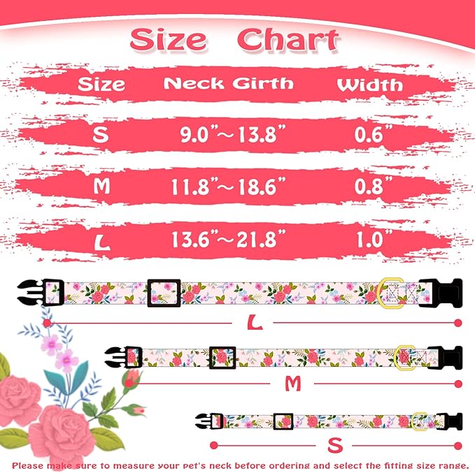 Cute Rose Dog Collar for Small Medium Large Dogs Special Design Cute Pink Rose Dog Collar for Girl Female Dogs Soft Adjustable Rose Puppy Collars for Girl Female Dogs M