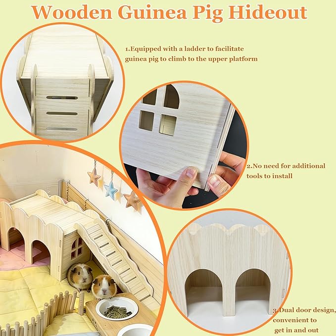 Guinea Pig Hideout Hamster Wood House Maze Platform Detachable Accessories with Ladder for Rat Hamster Squirrel Gerbil Sugar Glider (Guinea Pig Wooden House)