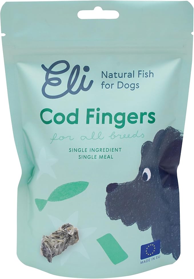 Eli Cod Skin Fingers – A Natural, Crispy Fish Skin Stick Treat for Dogs, High in Protein and Omega-3, Ideal for Teeth Cleaning, Single Ingredient, Grain Free, Gluten Free, Air Dried – 3 oz