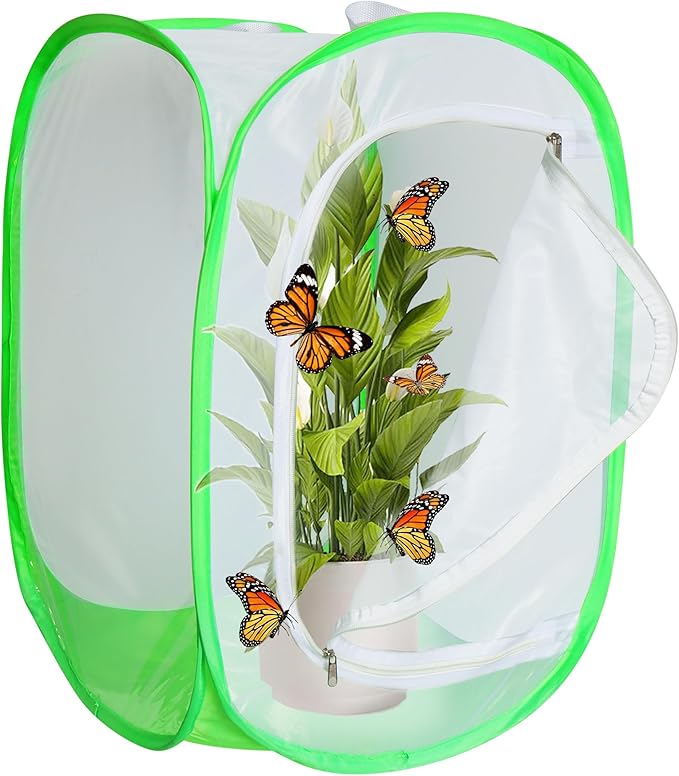Large Monarch Butterfly Caterpillar Habitat Insect cage pop-up Transparent View with 6 mesh Panels, Foldable and Reusable with a Poop pad for Easy Cleaning (35.4 x 23.6 x 23.6 inches)