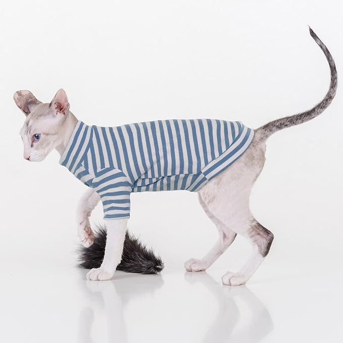 PUMYPOREITY Sphynx Cat Clothes - Soft Hairless Shirt With Sleeves, Stretchy Sweater, Pullover Pajamas Jumpsuit, Turtleneck Outfit for Sphynx Cornish Rex, Devon Rex - Blue, S