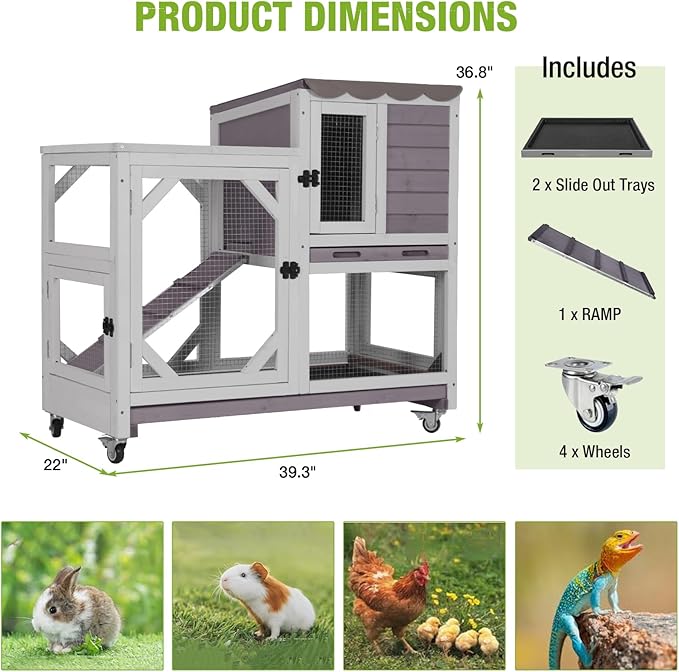 2-Story Rabbit Hutch Indoor Bunny Cage Outdoor Guinea Pig House with Chew-Proof Ramp, Leak-Proof Tray, Lockable Wheels for Rabbits, Guinea Pigs, Small Animals (Grey)