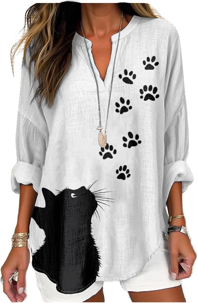 MARSVOVO Cat Shirts for Women Long Sleeve Cute Cat Pullover Graphic Novelty V Neck Blouse Oversized Funny Tunic Tops