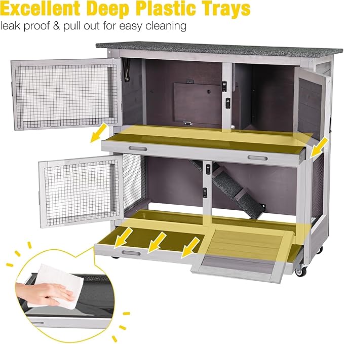 Aivituvin Rabbit Hutch Indoor Bunny Cage Outdoor 2 Story Pet House Guinea Pig Cage on Wheels 36" L