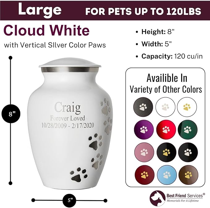 Pet Urn for Dogs and Cats with Personalized Laser Engraving, Ottillie Paws Premier Series Memorial Urns (Large Cloud White with Vertical Pewter Paws)