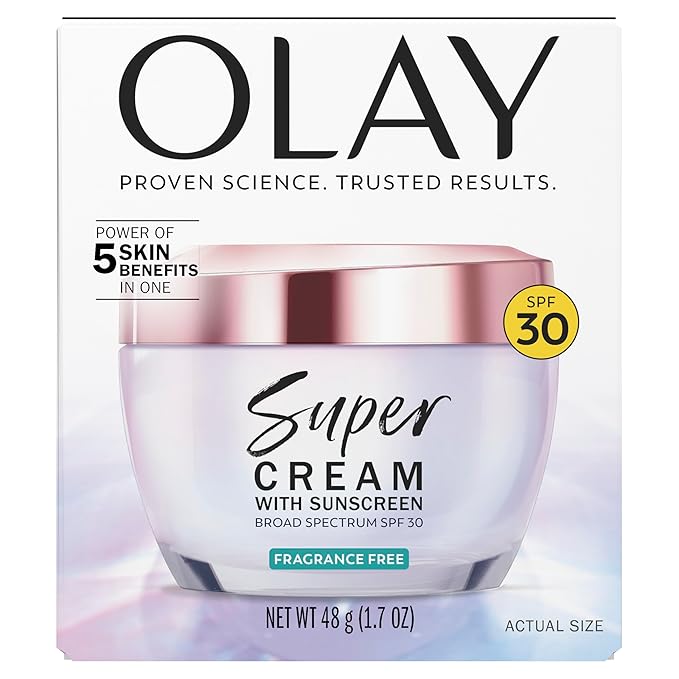 Olay Super Cream with Sunscreen SPF 30, Fragrance Free Lightweight Face Moisturizer with Sun Protection, 5-in-1 Skin Care - Hydrating, Brightening - Niacinamide, Vitamin C, Collagen, 1.7 oz