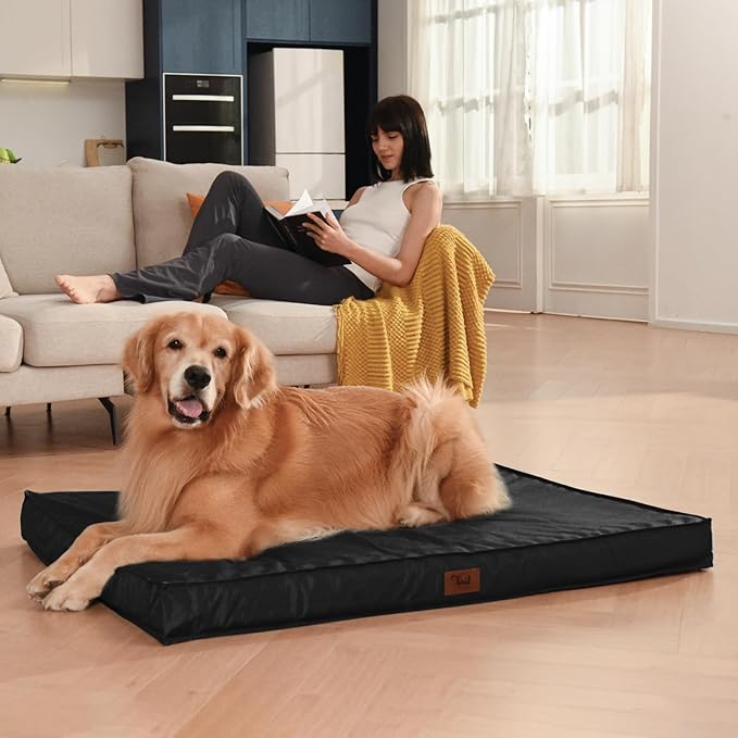Outdoor Extra Large Dog Crate Bed, XXL Waterproof Dog Bed for Giant Breeds Dogs, 47x29 Inch Orthopedic Egg Crate Foam Pet Mat with Removable Cooling Cover, Black