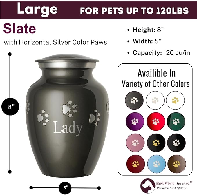 Pet Urn for Dogs and Cats with Personalized Laser Engraving, Ottillie Paws Premier Series Memorial Urns (Large Slate with Horizontal Pewter Paws)