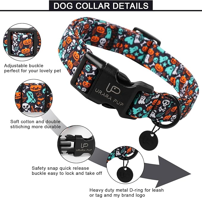 Halloween Dog Collar, UP URARA PUP Cotton Skull Ghost Dog Collar for Small Dog, Fall Pet Collar with Halloween Elements Pattern, Adjustable Puppy Collar,XS,Neck 8-12in