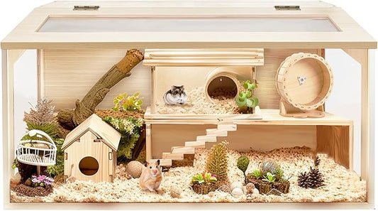 PROLEE Hamster Cage with Chewproof Wood Top,Guinea Pig Cages, Hamster Habitat with Clear Acrylic Sheets Solid Built, Small Animal Cage (Oak, 40X20X20 inch)