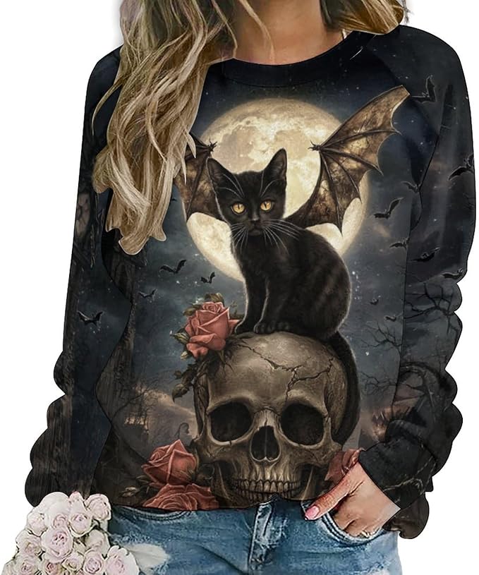 Halloween Sweatshirts for Women Black Cat Print Pullover Crewneck Oversized 2024 Fall Fashion Casual Warm Shirt