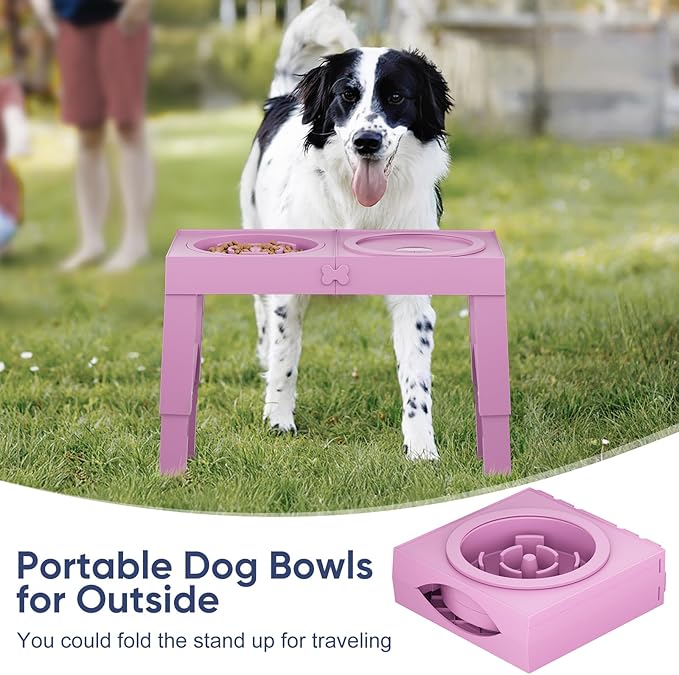 XIAZ Slow Feeder Dog Bowl Elevated Food and Water Bowl Stand for Large Medium Sized Dog, 4 Heights Adjustable, Non-Slip, Durable, Prevents Bloating & Improves Digestion for Dogs